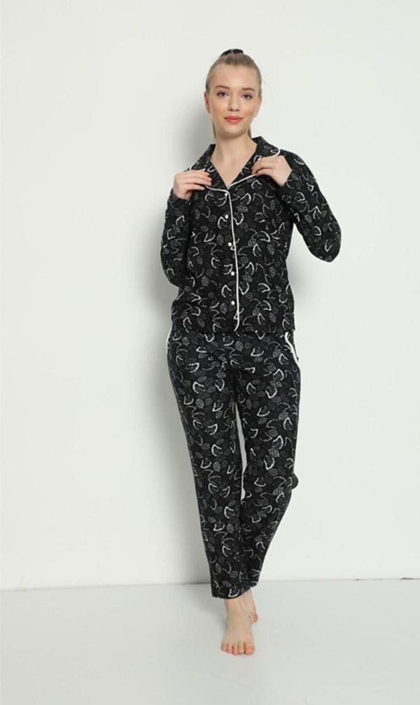 Pijamoni Kadın Süet Boydan Düğmeli Pijama Takımı - 5660-16 Siyah-XL - Image 1