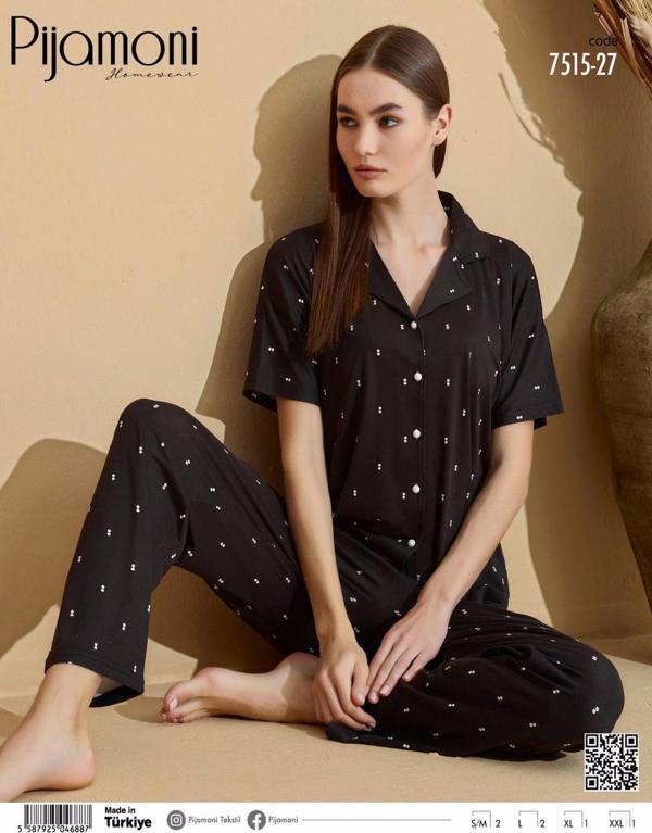 Pijamoni Kadın Kısa Kol Boydan Düğmeli Pijama Takımı - 7515-27 Siyah-L - Image 1