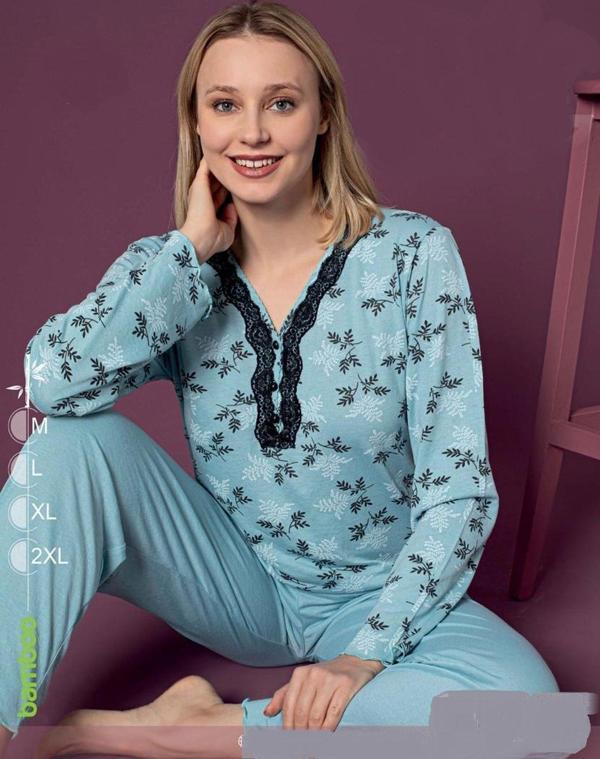 Sude Kadın Bambu Mavi Uzun Kol V Yaka İnce Pijama Takımı P-7042 - 1 Adet Mavi-M - Image 1