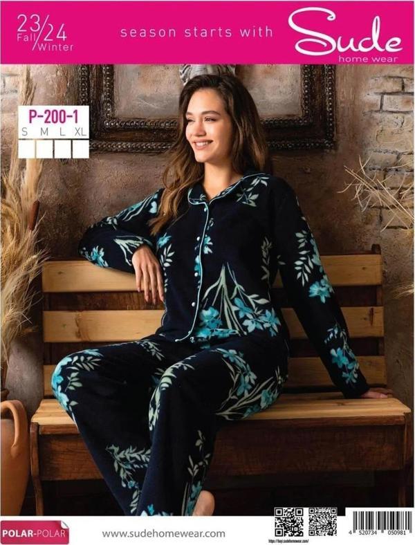 Sude Kadın Gömlek Önden Düğmeli Polar Desenli Pijama Takımı P200/1- 1 Adet Lacivert-S - Image 1