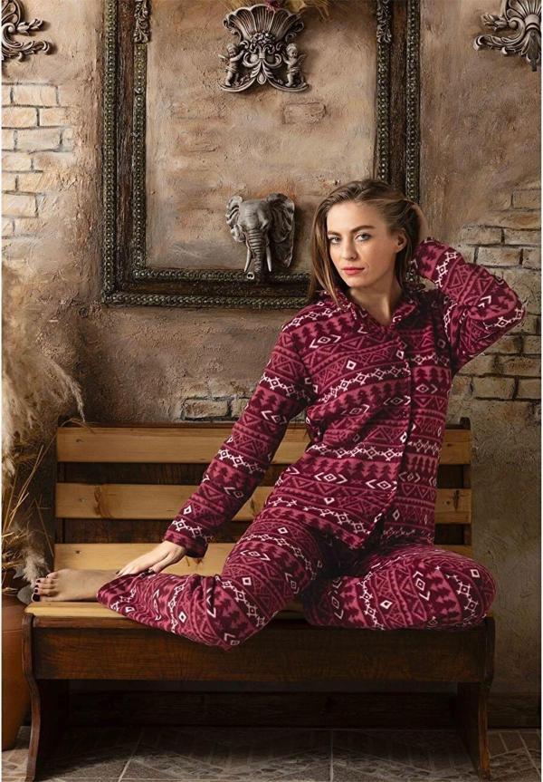 Sude Kadın Gömlek Yaka Polar Pijama Takımı M901 - 1 Adet Mürdüm-L - Image 1