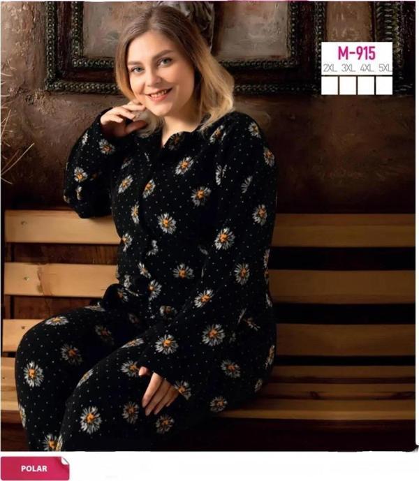 Sude Kadın Büyük Beden Kışlık Polar Gömlek Yaka Pijama Takımı M 915- 1 Adet Siyah-3XL - Image 1