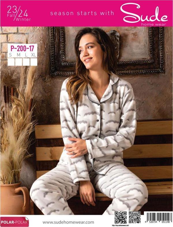 Sude Kadın Gömlek Önden Düğmeli Polar Desenli Pijama Takımı P200/17 - 1 Adet Beyaz-S - Image 1