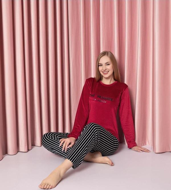 Sude Kadın Kışlık Kadife Pijama Takımı K200/808 - 1 Adet Kırmızı-XL - Image 1