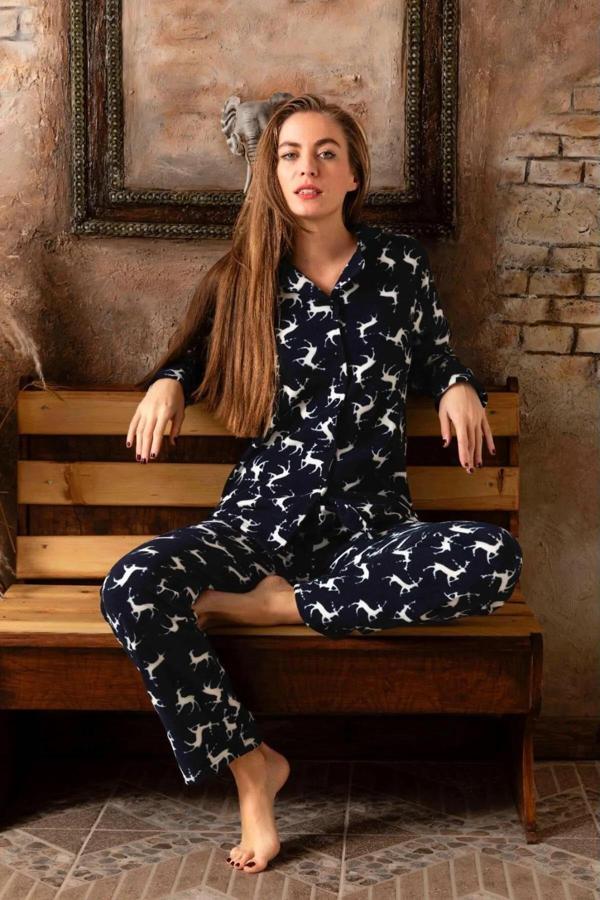 Sude Kadın Gömlek Yaka Polar Pijama Takımı M913 - 1 Adet Lacivert-L - Image 1