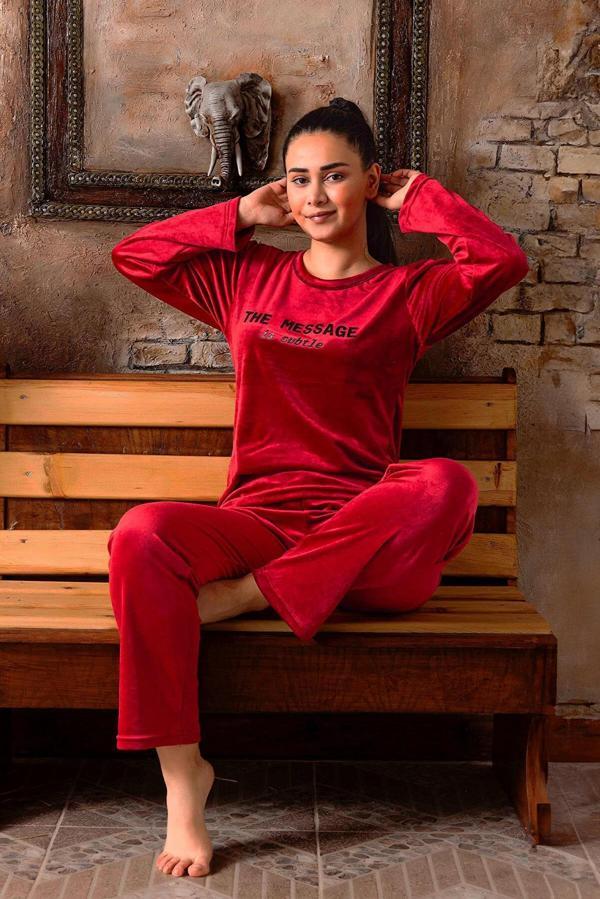 Sude Kadın Kışlık Bisiklet Yaka Kadife Pijama Takımı K803/97 - 1 Adet Kırmızı-S - Image 1