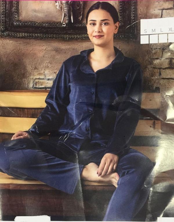 Sude Kadın Kışlık Gömlek Yaka Kadife  Pijama Takımı M22/1 - 1 Adet Lacivert-S - Image 1