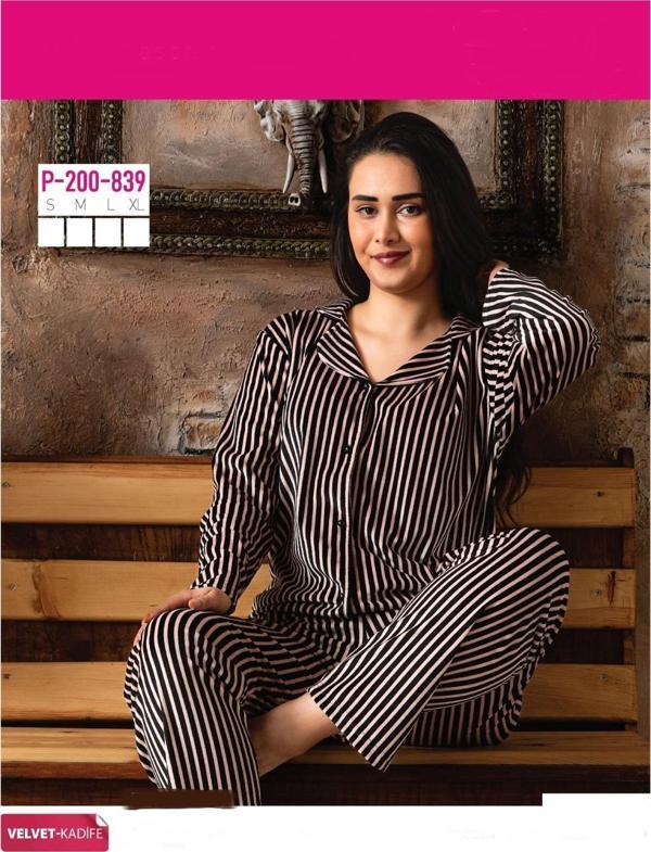 Sude Kadın Kışlık Gömlek Yaka Kadife Çizgili Pijama Takımı P200/839 - 1 Adet Somon-S - Image 1