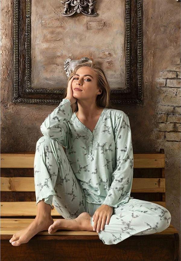 Sude Kadın Bambu Yakası Nakışlı V Yaka Uzun Kol İnce Pijama Takımı 4475/1 - 1 Adet Yeşil-M - Image 1