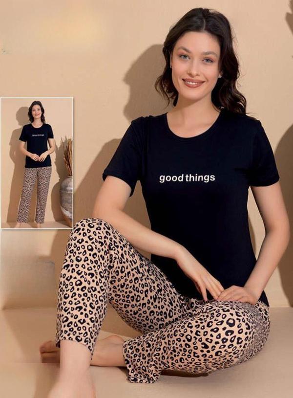 Boyraz Kadın Milan Bisiklet Yaka İnce Kısa Kol Pijama Takımı 11000 - 1 Adet Siyah-2XL - Image 1