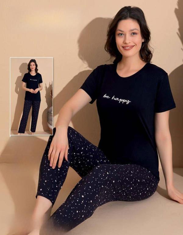 Boyraz Kadın Milan Bisiklet Yaka İnce Kısa Kol Pijama Takımı 11004 - 1 Adet Siyah-2XL - Image 1
