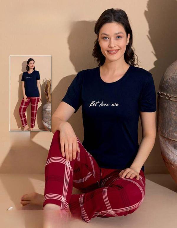 Boyraz Kadın Milan Bisiklet Yaka İnce Kısa Kol Pijama Takımı 11006 - 1 Adet Lacivert-2XL - Image 1