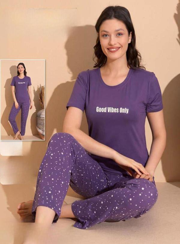 Boyraz Kadın Milan Bisiklet Yaka İnce Kısa Kol Pijama Takımı 11008 - 1 Adet Mor-2XL - Image 1