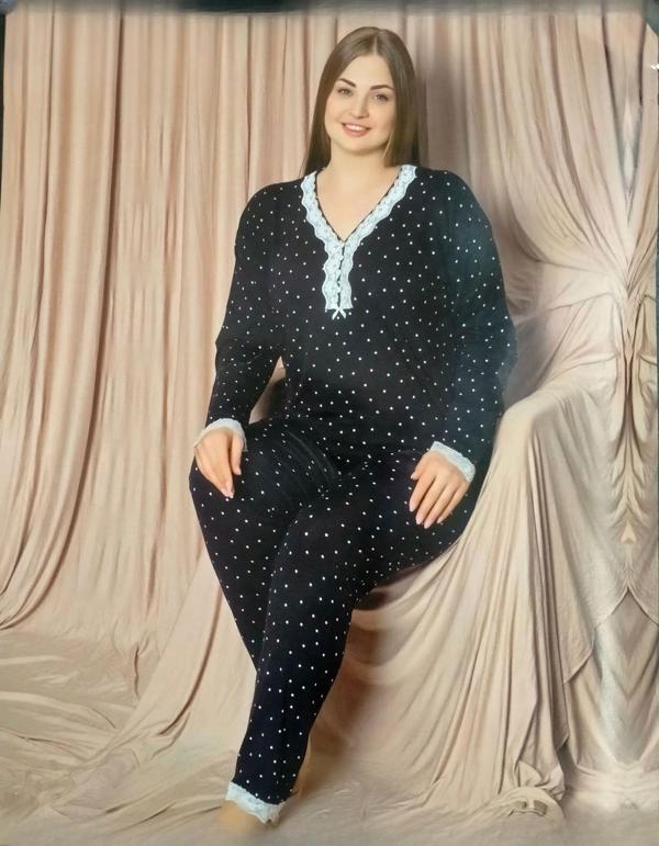 Pijamoni Kadın Viskon Büyük Beden Uzun Kol V Yakası Nakışlı İnce Pijama Takımı 7525/4 - 1 Adet Siyah-3XL - Image 1