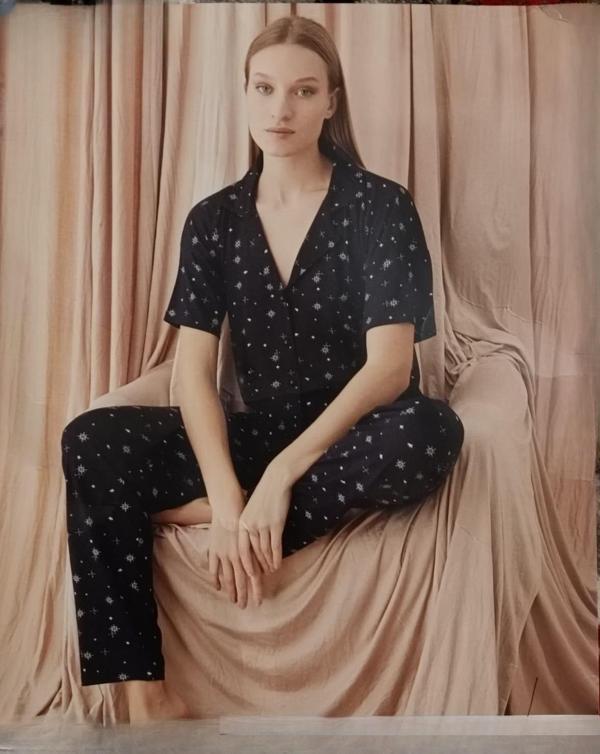Pijamoni Kadın Viskon Boydan Düğmeli Kısa Kol İnce Pijama Takımı 7510/3 - 1 Adet Siyah-XL - Image 1