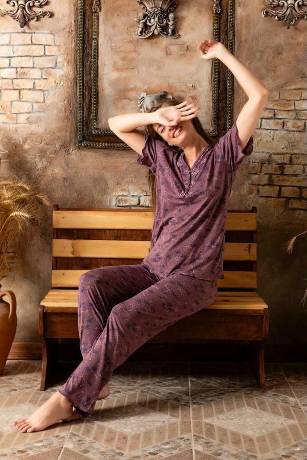 Sude Kadın Bambu Yakası Nakışlı V Yaka Kısa Kol İnce Pijama Takımı P/4398 - 1 Adet Mürdüm-M - Image 1