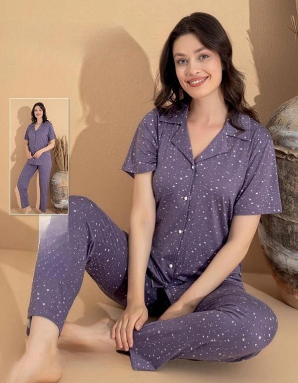Boyraz Kadın Milan Boydan Düğmeli Kısa Kol İnce Pijama Takımı 11071 - 1 Adet Mor-XL - Image 1