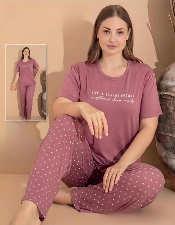 Boyraz Kadın Milan Büyük Beden Bisiklet Yaka Kısa Kol İnce Pijama Takımı 11052 - 1 Adet Pudra-2XL - Image 1