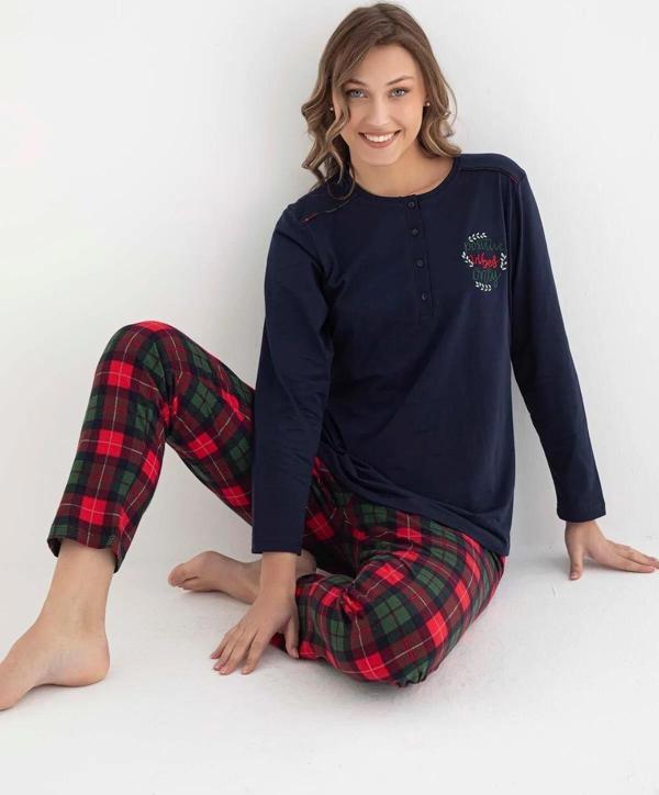 SENFONİ Kadın Düğme Yaka Uzun Kol Pijama Takımı 6000 -1 Adet Lacivert-XL - Image 1