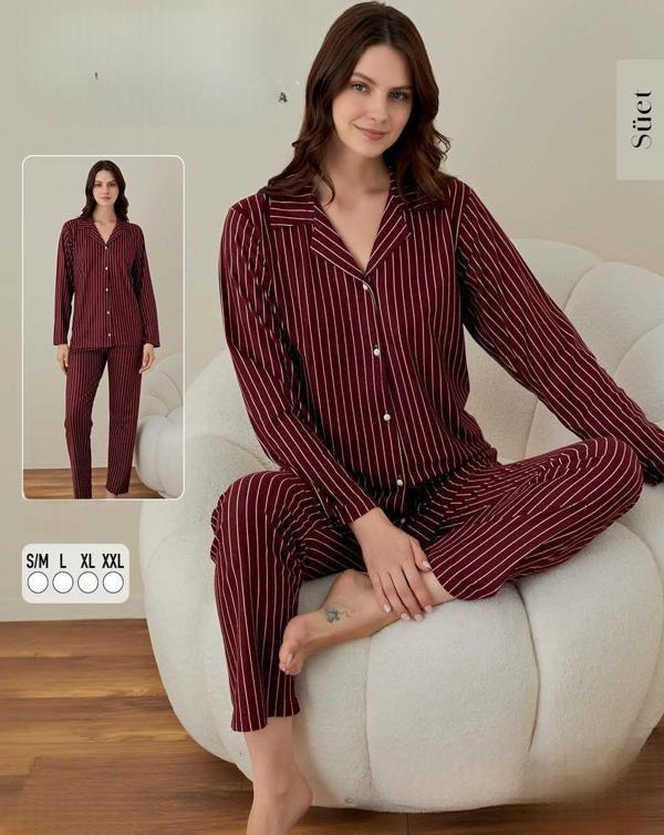 Boyraz Kadın Süet Boydan Düğmeli Pijama Takımı 02002 - 1 Adet Bordo-L - Image 1
