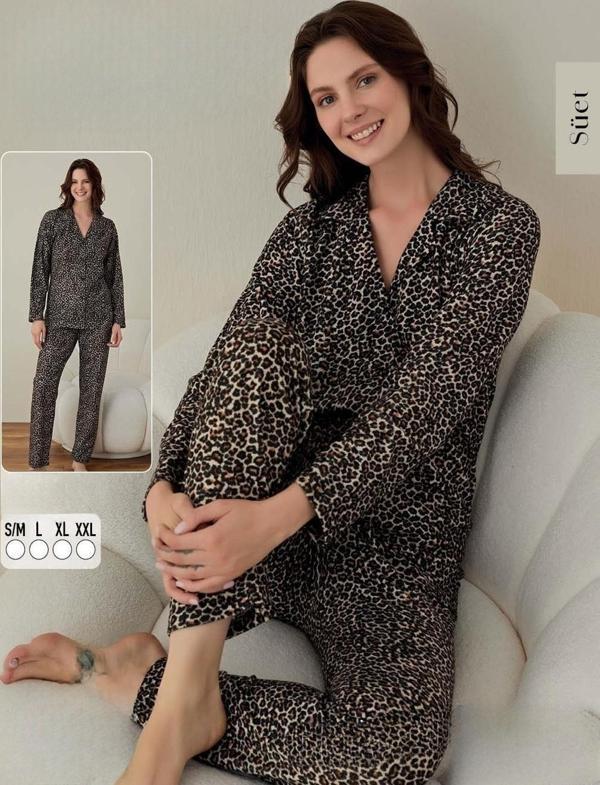 Boyraz Kadın Süet Leopar Desenli Boydan Düğmeli Pijama Takımı 02006 - 1 Adet Kahverengi-XL - Image 1