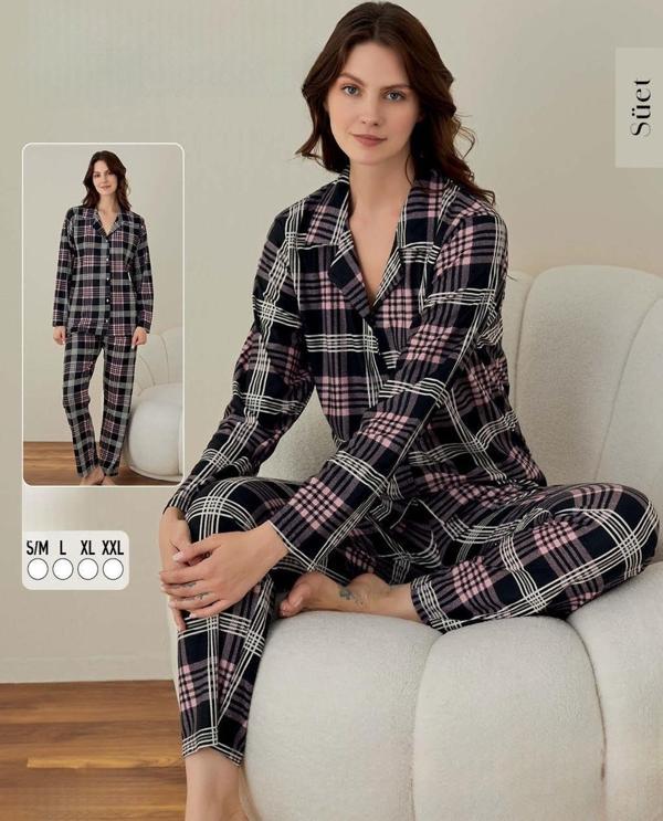 Boyraz Kadın Süet Boydan Düğmeli Pijama Takımı 02008 - 1 Adet Gri-S - M - Image 1