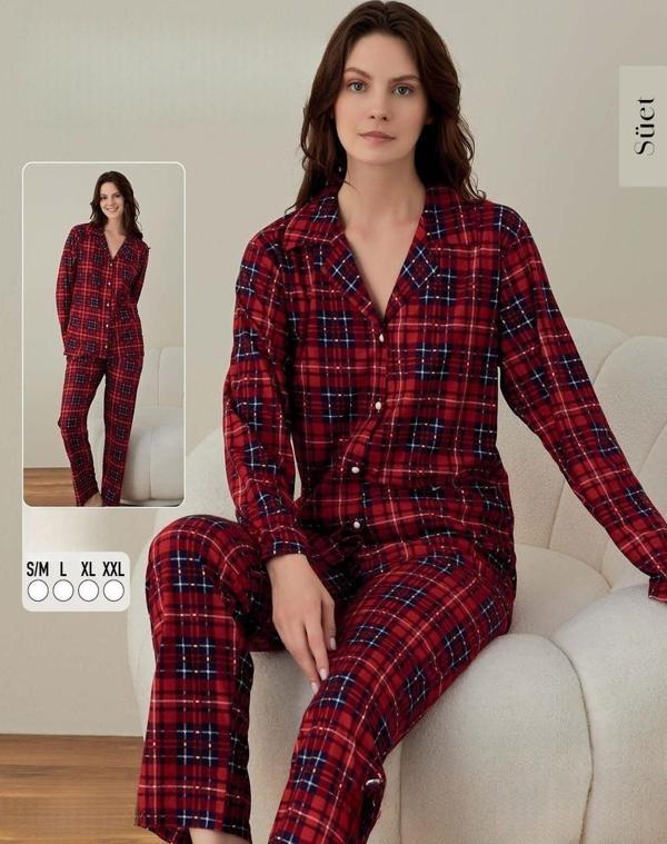 Boyraz Kadın Süet Boydan Düğmeli Pijama Takımı 02022 - 1 Adet Kırmızı-L - Image 1