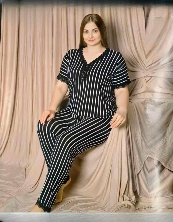 Pijamoni Kadın Viskon Büyük Beden Kısa Kol V Yaka İnce Pijama Takımı 7530/1 - 1 Adet Siyah-5XL - Image 1