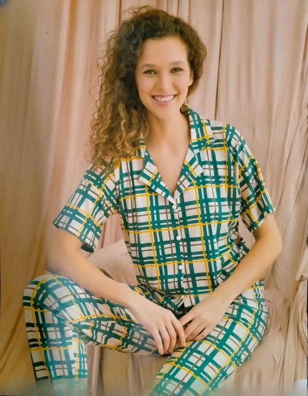 Pijamoni Kadın Viskon Boydan Düğmeli Kısa Kol İnce Pijama Takımı 7510/12 - 1 Adet Yeşil-S - M - Image 1
