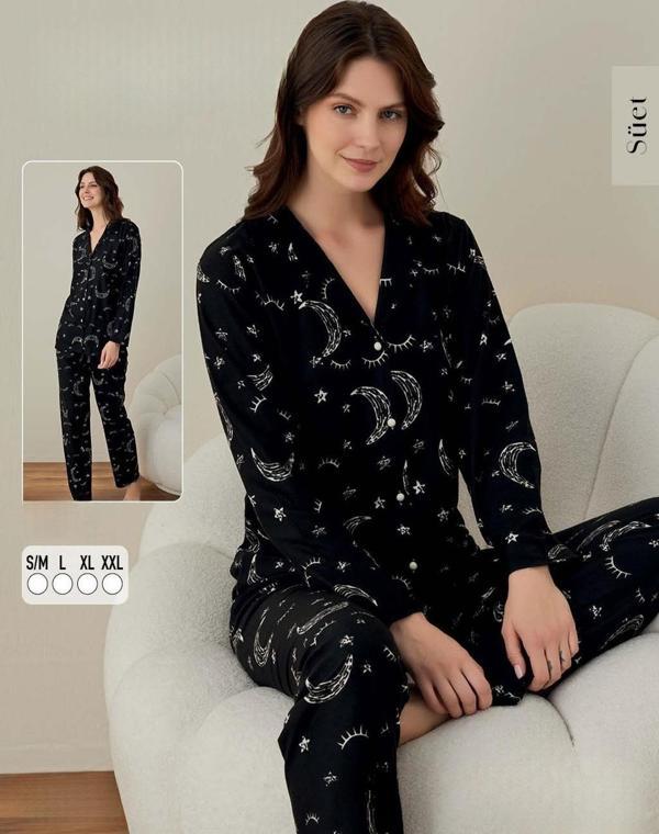 Boyraz Kadın Süet Boydan Düğmeli Pijama Takımı 02009 - 1 Adet Siyah-S - M - Image 1