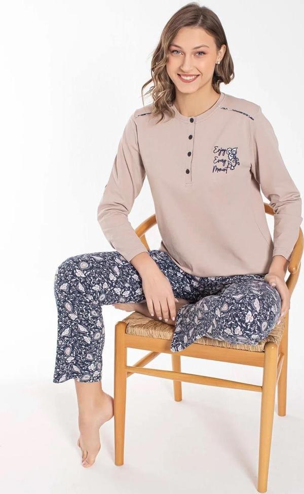 Senfoni Kadın Düğme Yaka Uzun Kol Pamuklu Pijama Takımı 6021 -1 Adet Bej-2XL - Image 1