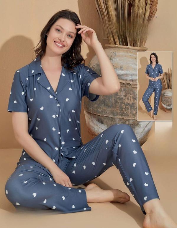 Boyraz Kadın Milan Boydan Düğmeli Kısa Kol Füme İnce Pijama Takımı 11033 - 1 Adet Füme-XL - Image 1