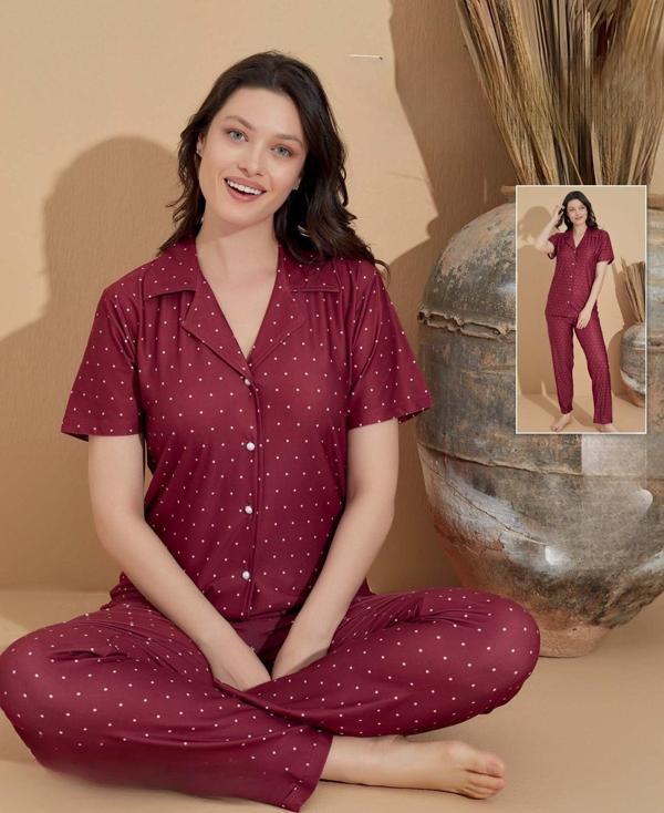 Boyraz Kadın Milan Boydan Düğmeli Kısa Kol İnce Pijama Takımı 11037 - 1 Adet Bordo-L - Image 1