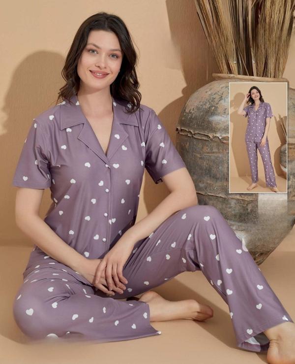 Boyraz Kadın Milan Boydan Düğmeli Kısa Kol İnce Pijama Takımı 11039 - 1 Adet Lila-XL - Image 1