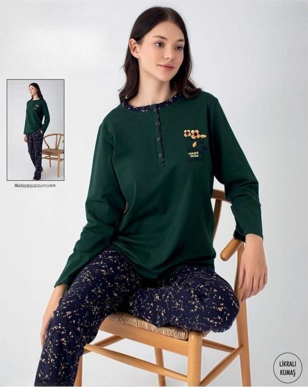 Senfoni Kadın Düğmeli Yaka Uzun Kol Pamuk Likralı Pijama Takımı 6055 -1 Adet Haki-2XL - Image 1