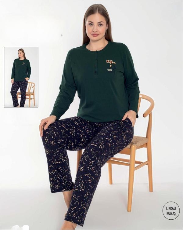 Senfoni Kadın Büyük Beden Düğmeli Yaka Uzun Kol Pamuk Likralı Pijama Takımı 6096 -1 Adet Haki-5XL - Image 1