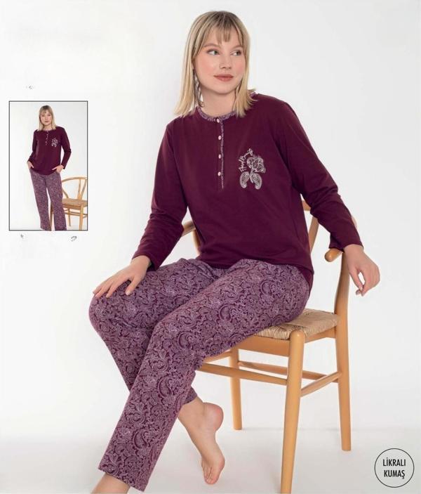 Senfoni Kadın Düğmeli Yaka Uzun Kol Pamuk Likralı Pijama Takımı 6049 -1 Adet Bordo-L - Image 1