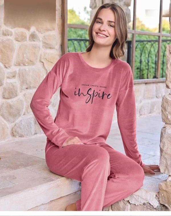 Pijamoni Kadın Kışlık Bisiklet Yaka Likralı Kadife Pijama Takımı 4200/10 - 1 Adet Gül Kurusu-XL - Image 1
