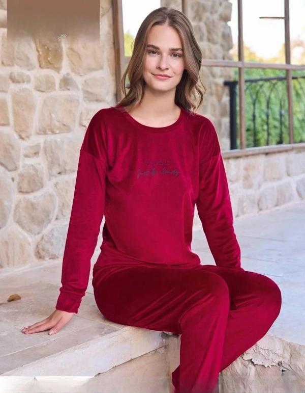 Pijamoni Kadın Kışlık Bisiklet Yaka Likralı Soft Kadife Pijama Takımı 4200/11 - 1 Adet Kırmızı-L - Image 1