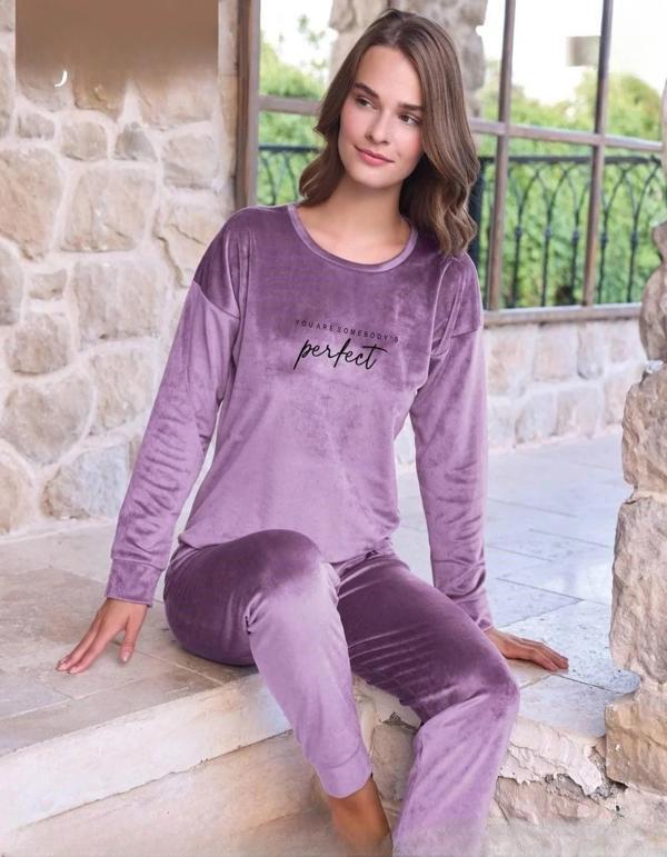 Pijamoni Kadın Kışlık Bisiklet Yaka Likralı Soft Kadife Pijama Takımı 4200/13 - 1 Adet Lila-XL - Image 1