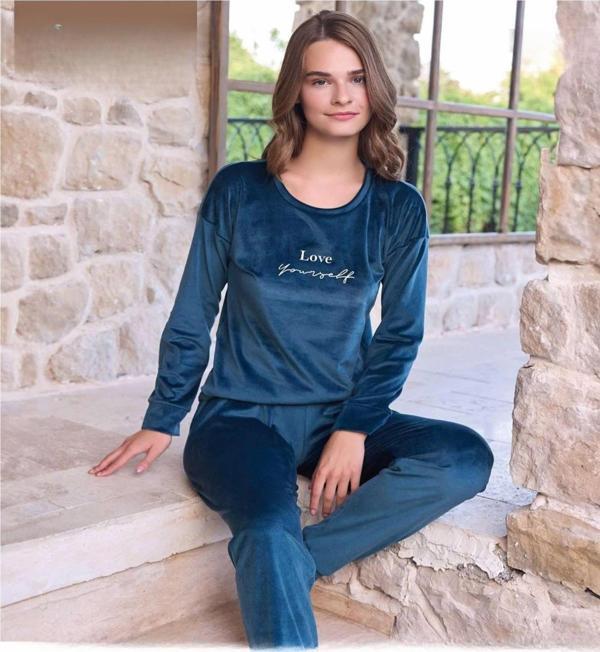 Pijamoni Kadın Kışlık Bisiklet Yaka Likralı Soft Kadife Pijama Takımı 4200/14 - 1 Adet Petrol-S - M - Image 1