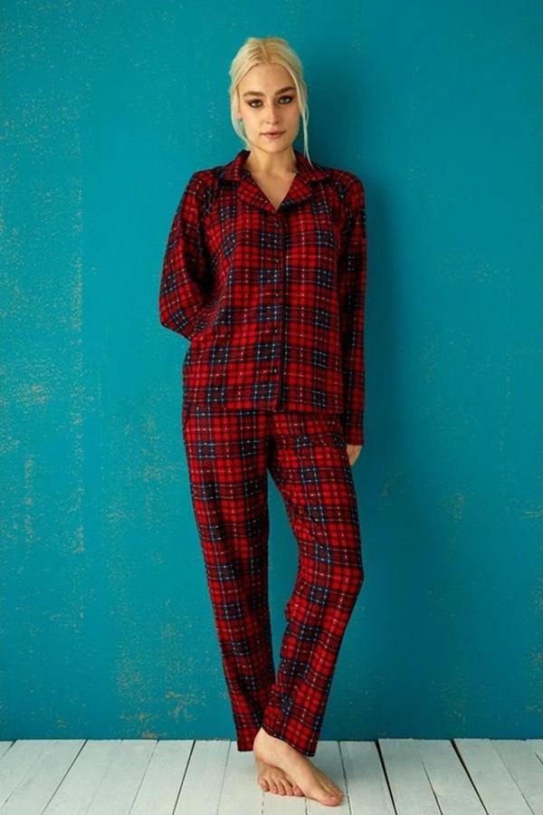 Pijamoni Kadın Süet Önden Düğmeli Pijama Takımı 56603 - 1 Adet Kırmızı-XL - Image 1