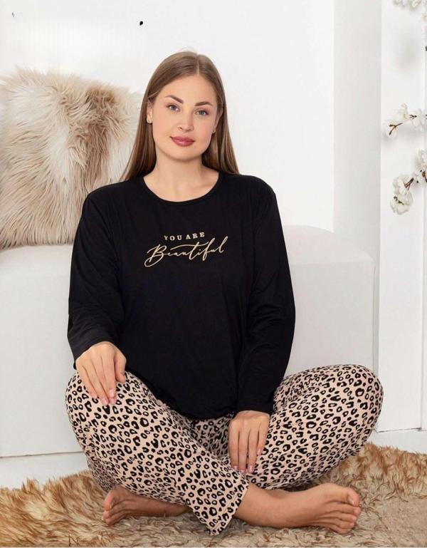 Pijamoni Kadın Milan Büyük Beden Bisiklet Yaka Uzun Kol İnce Pijama Takımı 7666/10- 1 Adet Siyah-4XL - Image 1