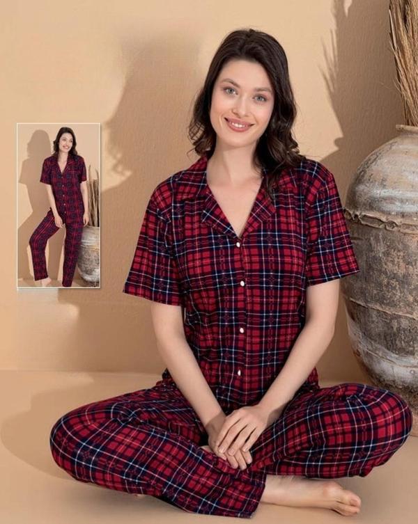 Boyraz Kadın Milan Boydan Düğmeli Kısa Kol İnce Pijama Takımı 11065 - 1 Adet Kırmızı-L - Image 1
