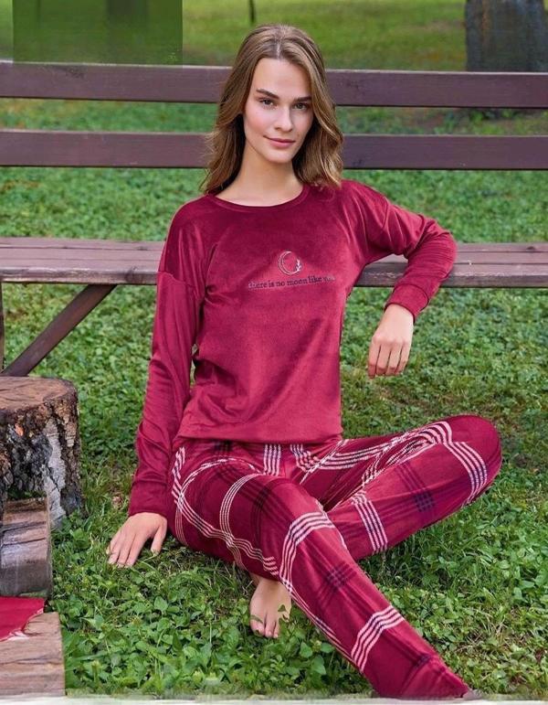 Pijamoni Kadın Kışlık Bisiklet Yaka Likralı Kadife Pijama Takımı 4210/2- 1 Adet Bordo-2XL - Image 1