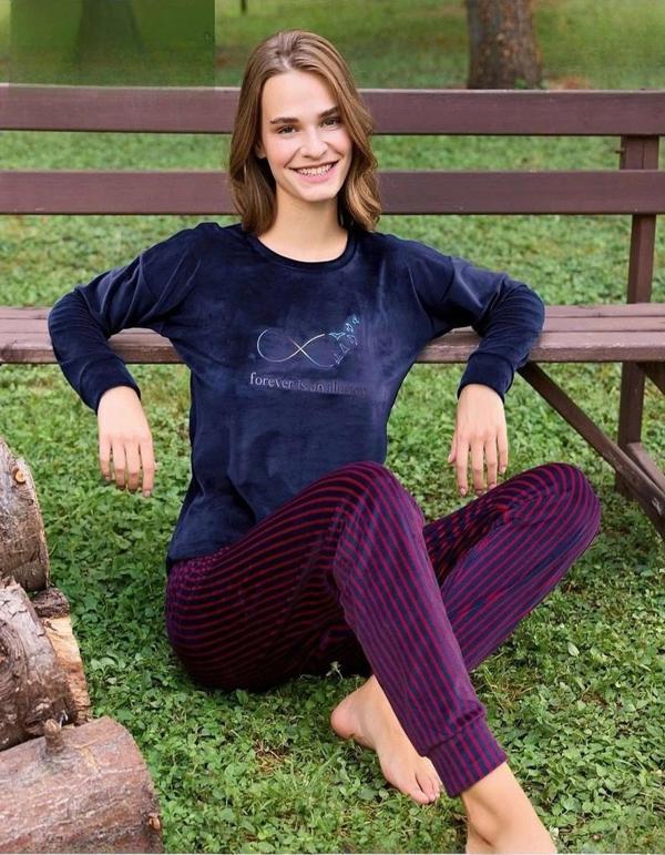 Pijamoni Kadın Kışlık Bisiklet Yaka Likralı Kadife Pijama Takımı 4210/3- 1 Adet Lacivert-S - M - Image 1