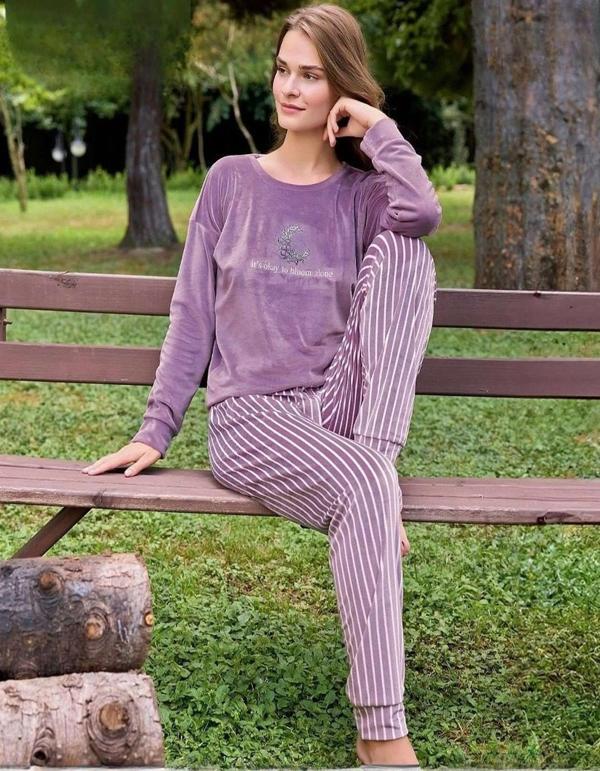 Pijamoni Kadın Kışlık Bisiklet Yaka Likralı Kadife Pijama Takımı 4210/6- 1 Adet Lila-XL - Image 1