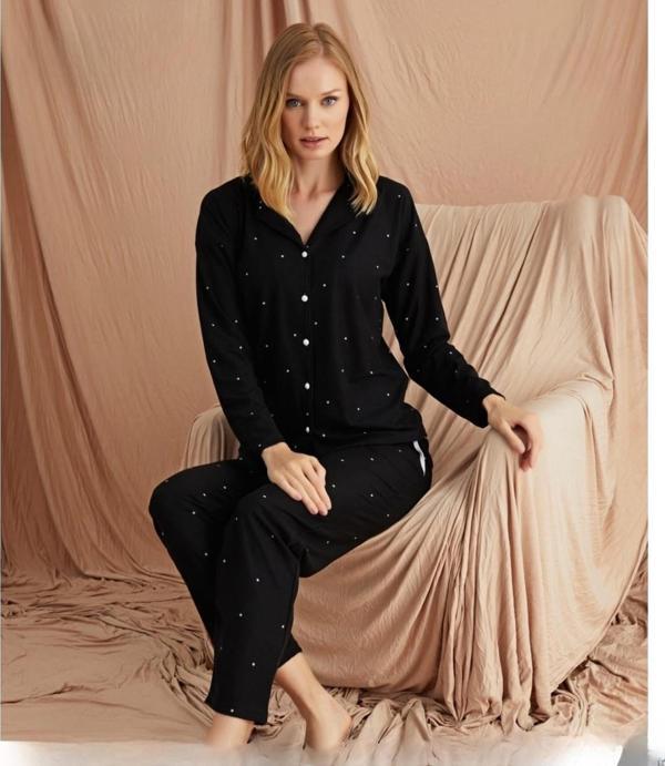 Pijamoni Kadın Süet Önden Düğmeli Pijama Takımı 56607 - 1 Adet Siyah-XL - Image 1