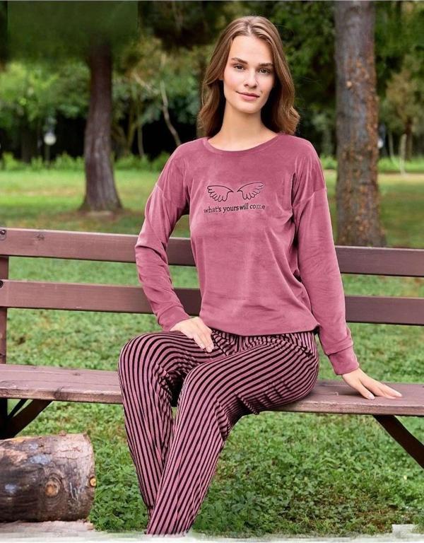 Pijamoni Kadın Kışlık Bisiklet Yaka Likralı Kadife Pijama Takımı 4210/10- 1 Adet Gül Kurusu-XL - Image 1