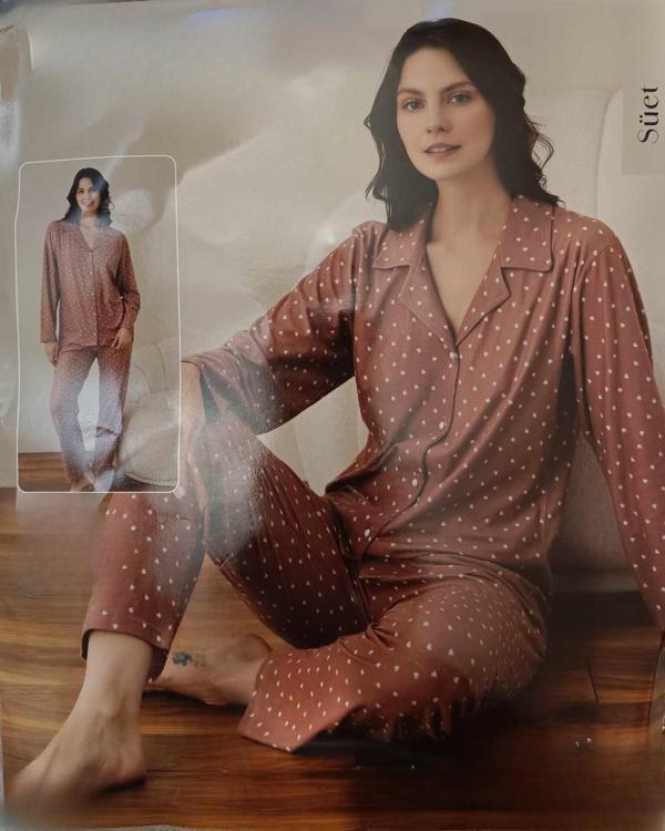 Boyraz Kadın Süet Boydan Düğmeli Pijama Takımı 02020 - 1 Adet Gül Kurusu-L - Image 1